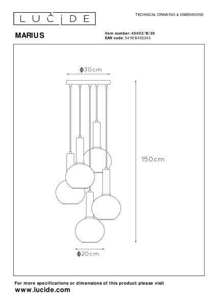 Lucide MARIUS - Pendelleuchten - Ø 55 cm - 5xE27 - Schwarz - technisch